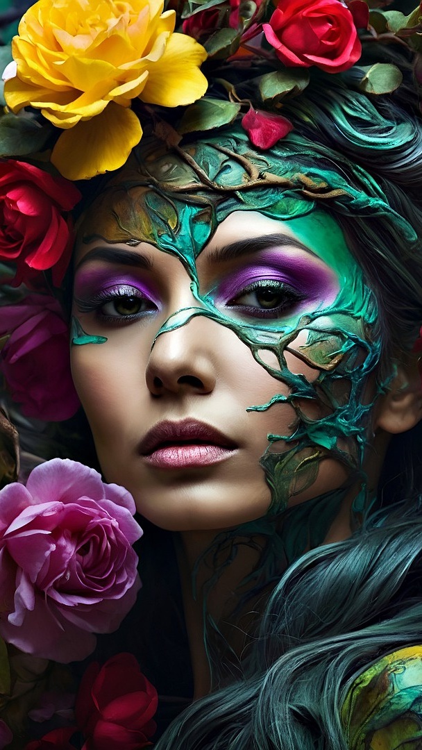 Pomalowana twarz kobiety z różami na głowie