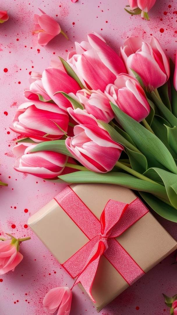 Prezent z różową wstążką i różowe tulipany