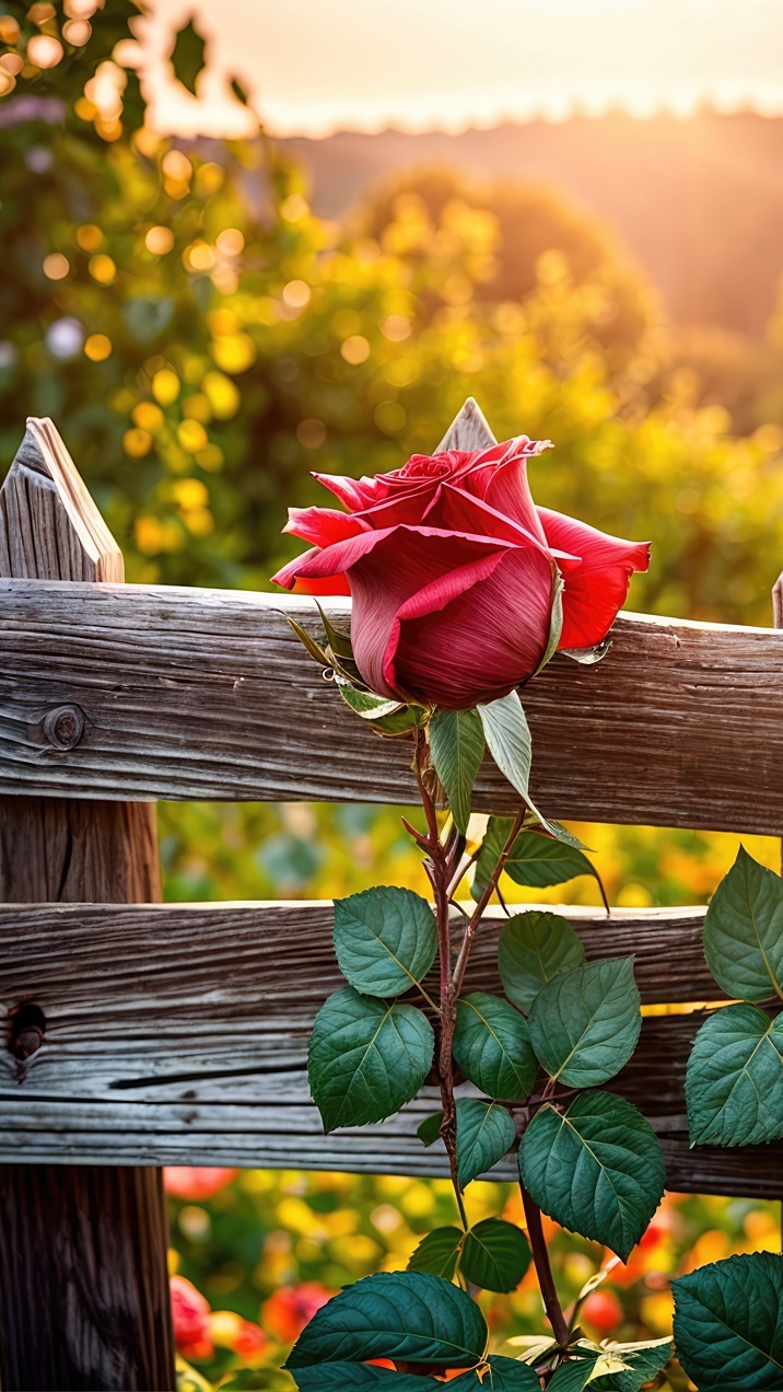 Rozświetlona czerwona róża przy płocie