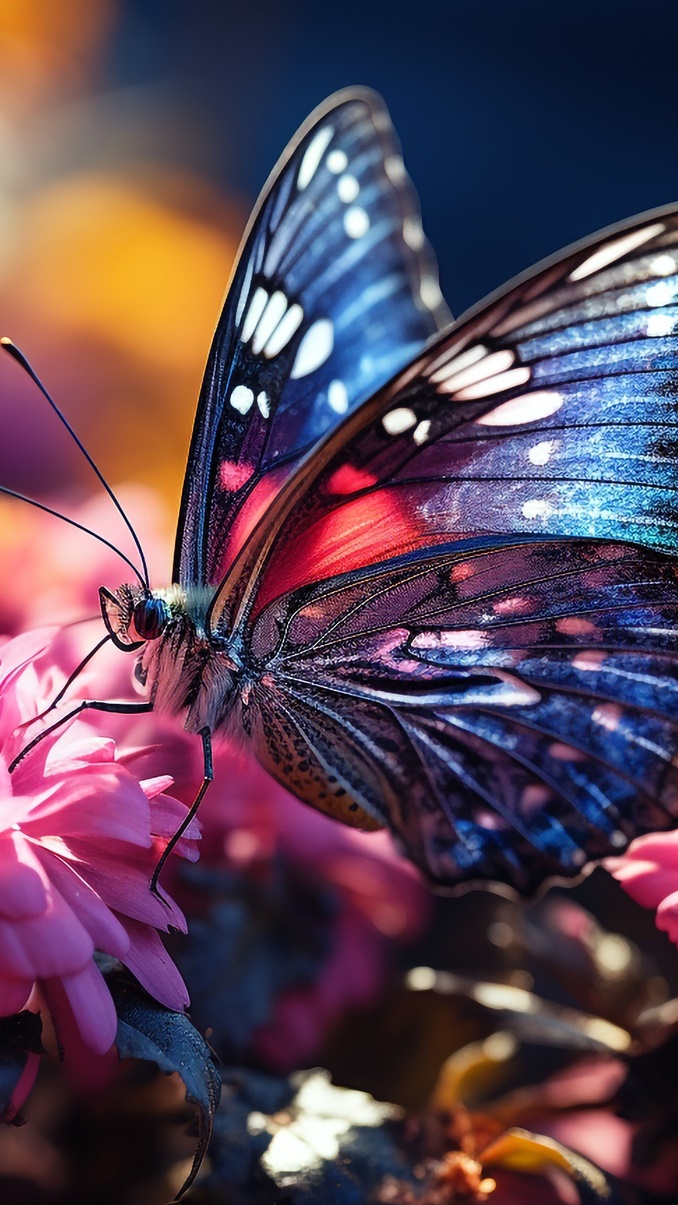 Rozświetlony motyl i różowe kwiaty