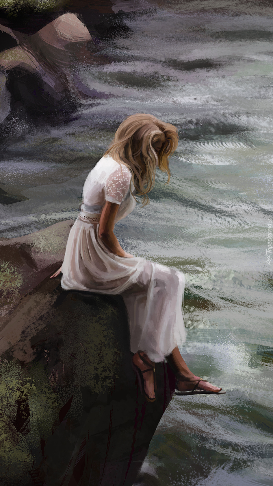 Smutna dziewczyna siedząca na skale