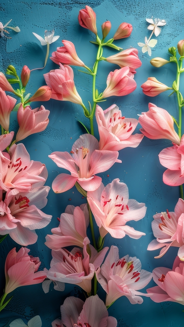 Ukwiecone różowymi kwiatkami gałązki na niebieskim tle