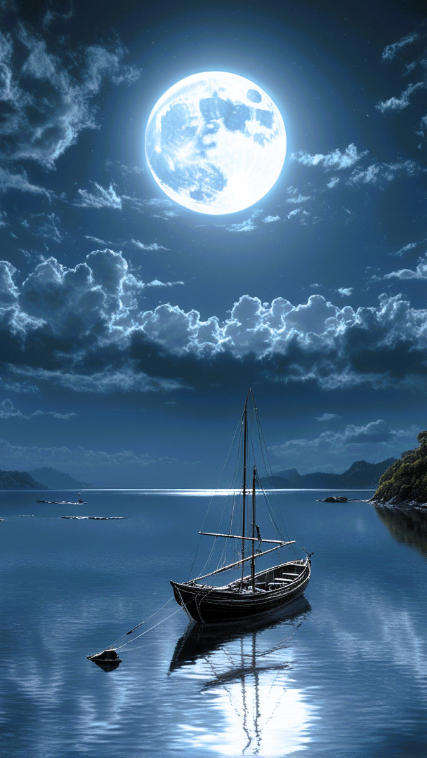 Żaglówka na jeziorze w blasku księżyca