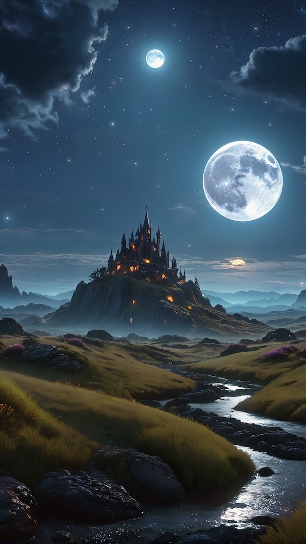 Zamek i rzeka w blasku księżyca
