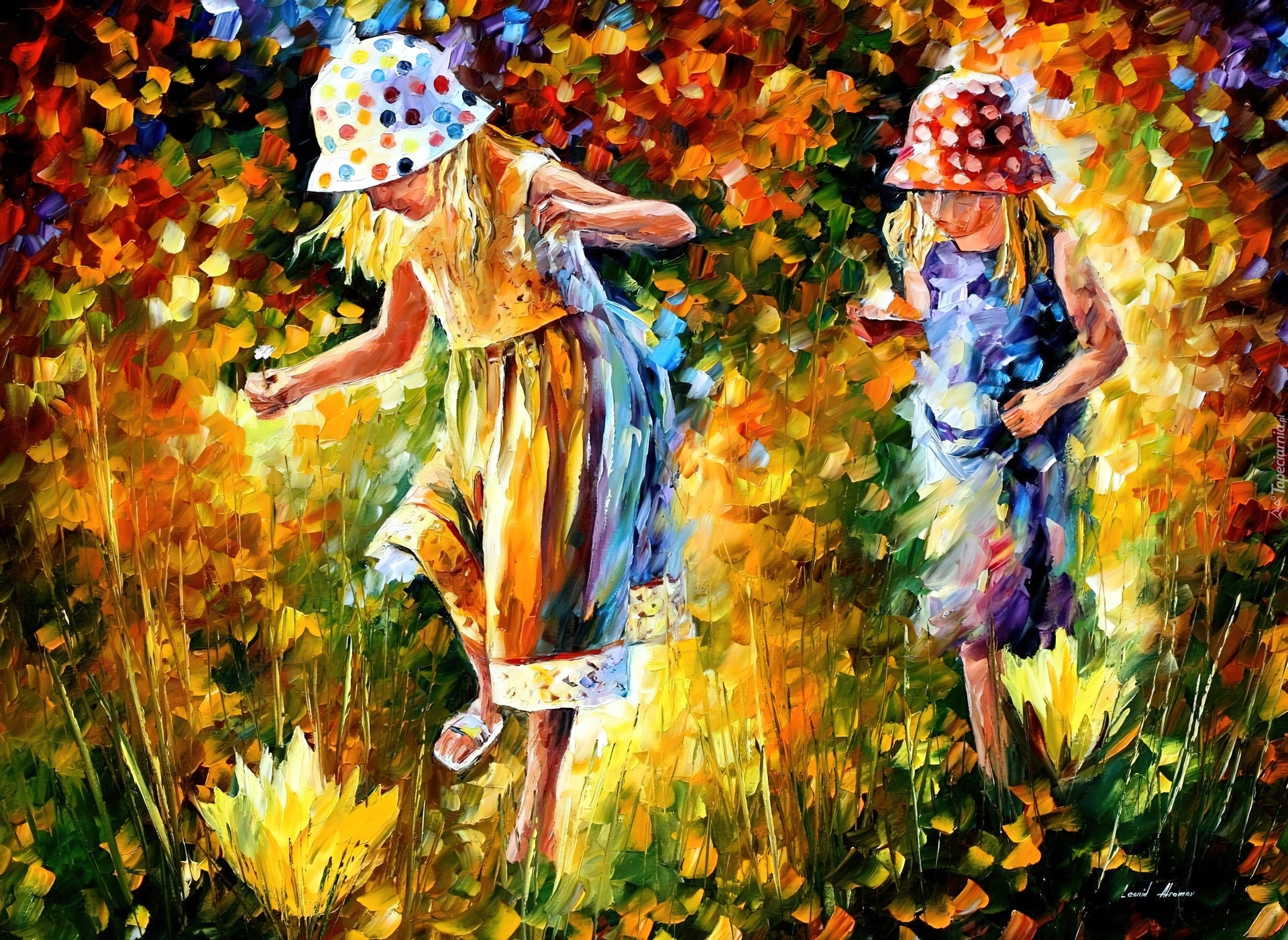 Dziewczynki, Trawa, Leonid Afremov, Kapelusze