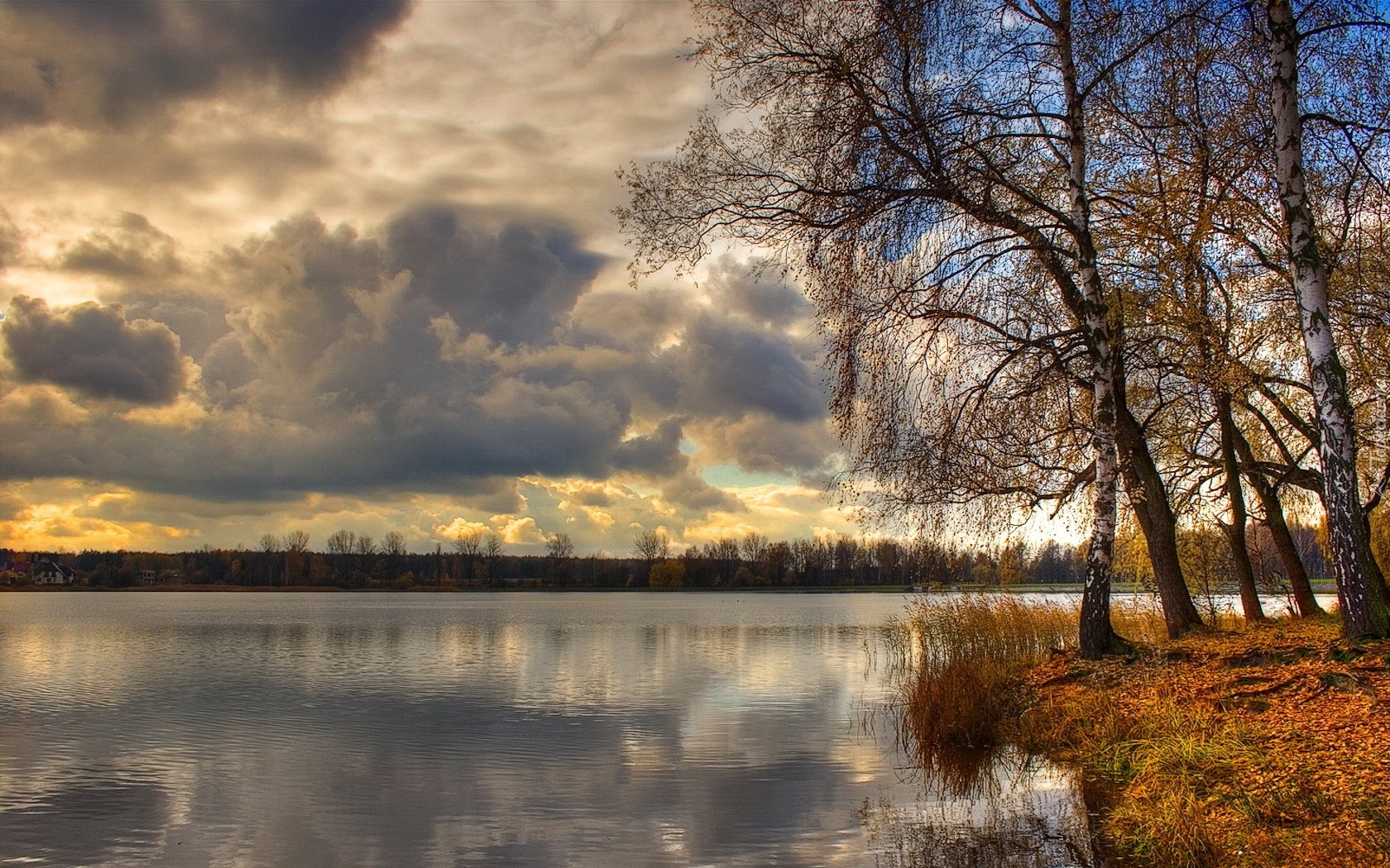 Jezioro, Chmury, Drzewa