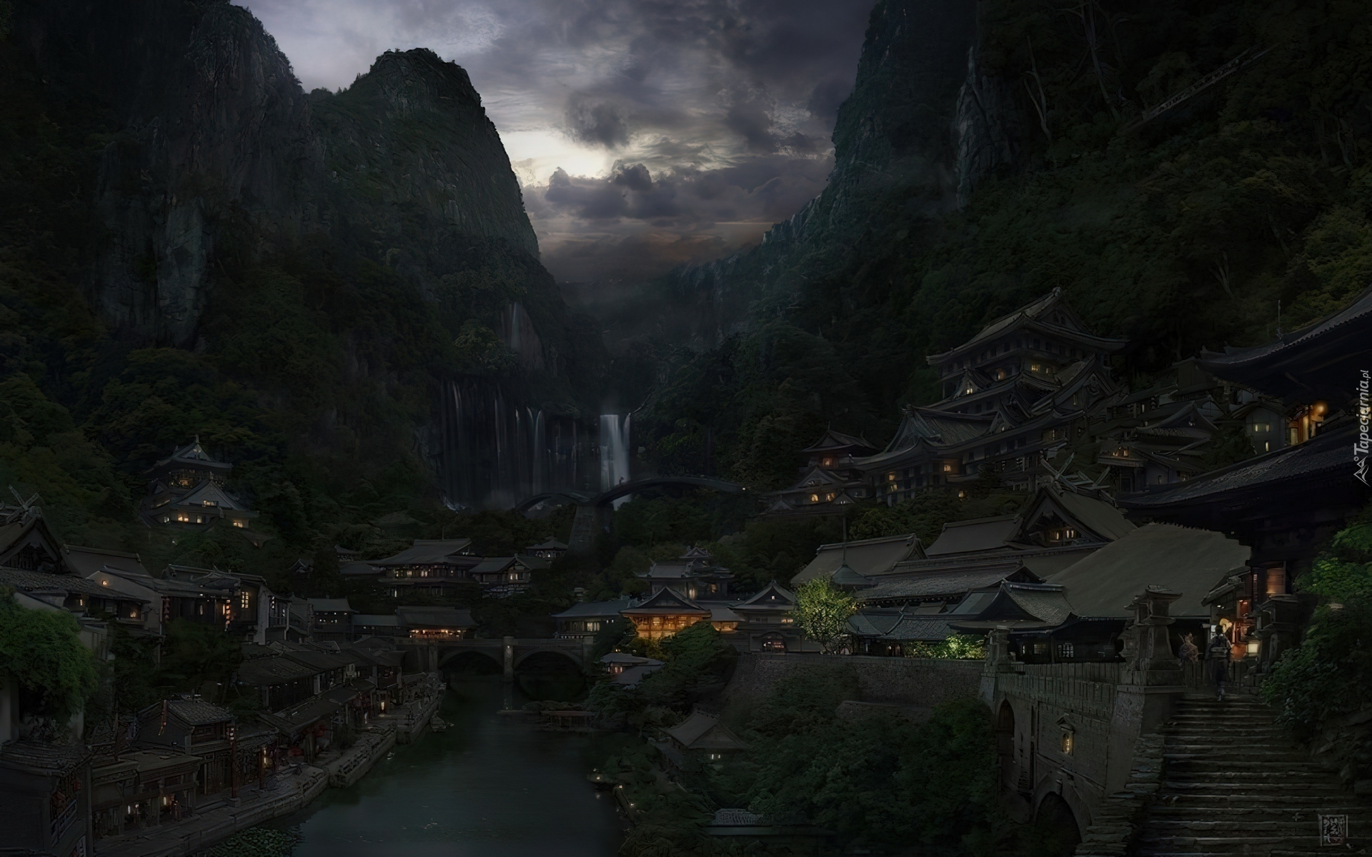 Miasto, Chiny, Góry, Wodospad