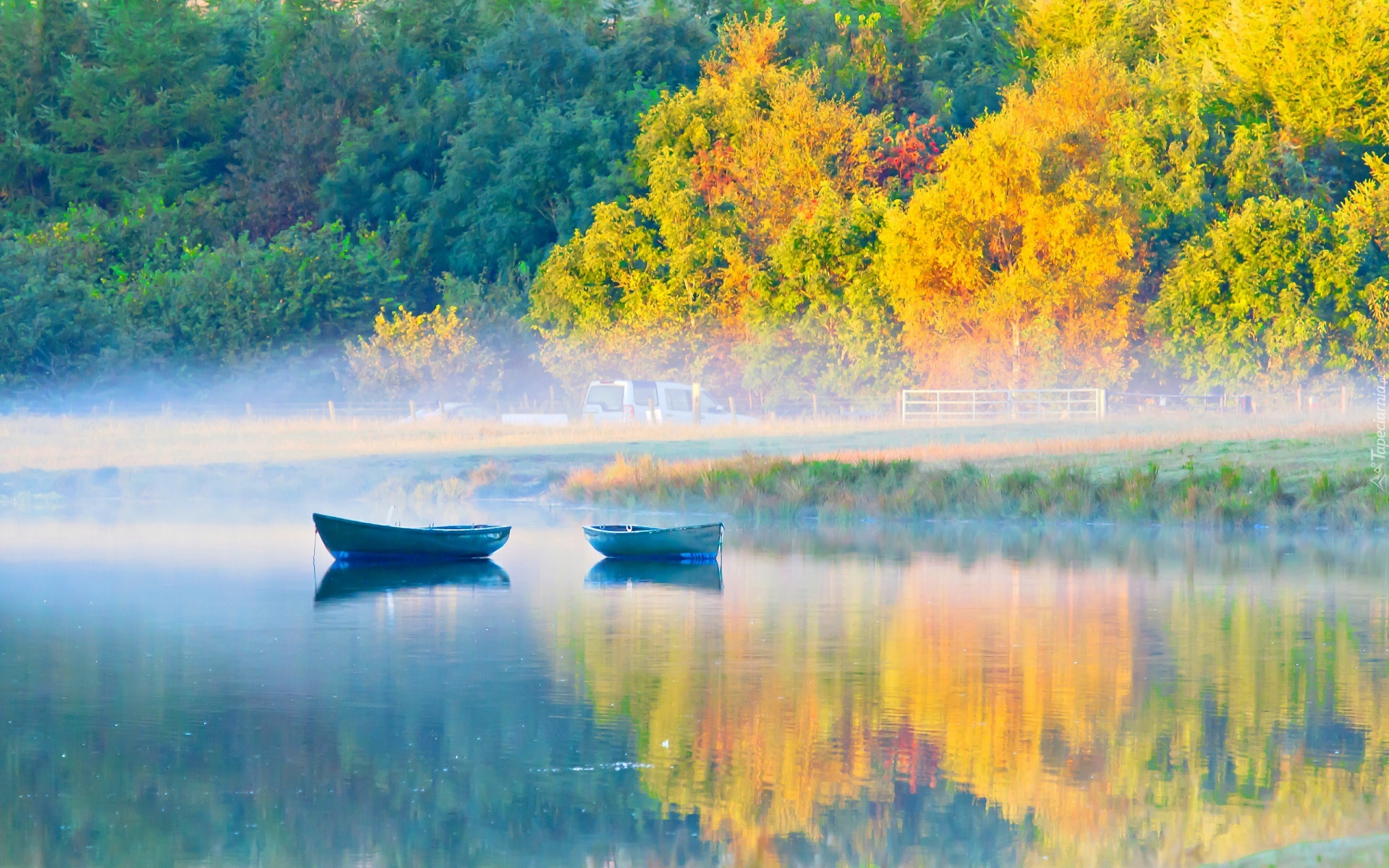 Jezioro, Łódki, Drzewa