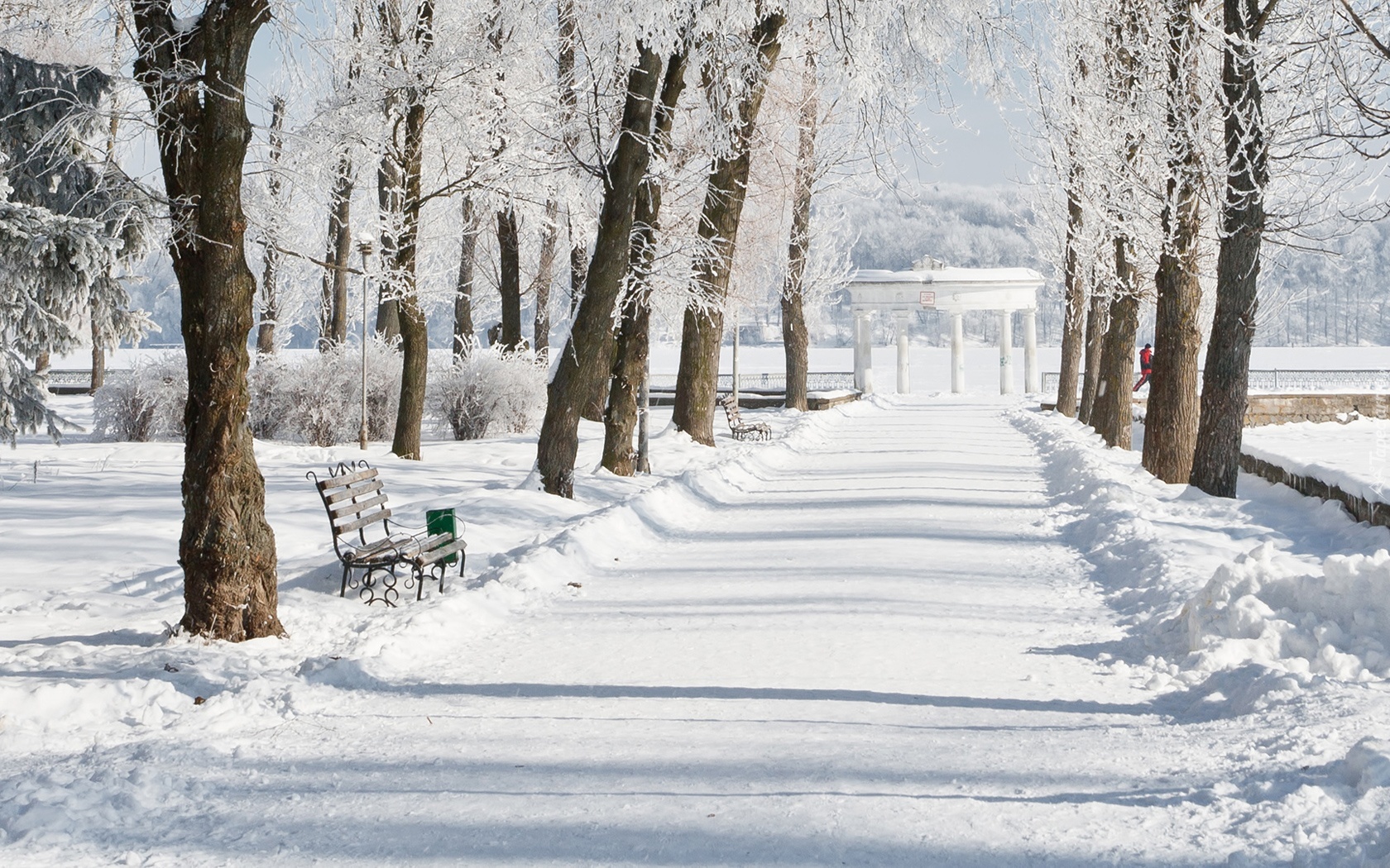 Park, Śnieg, Ławka, Alejka