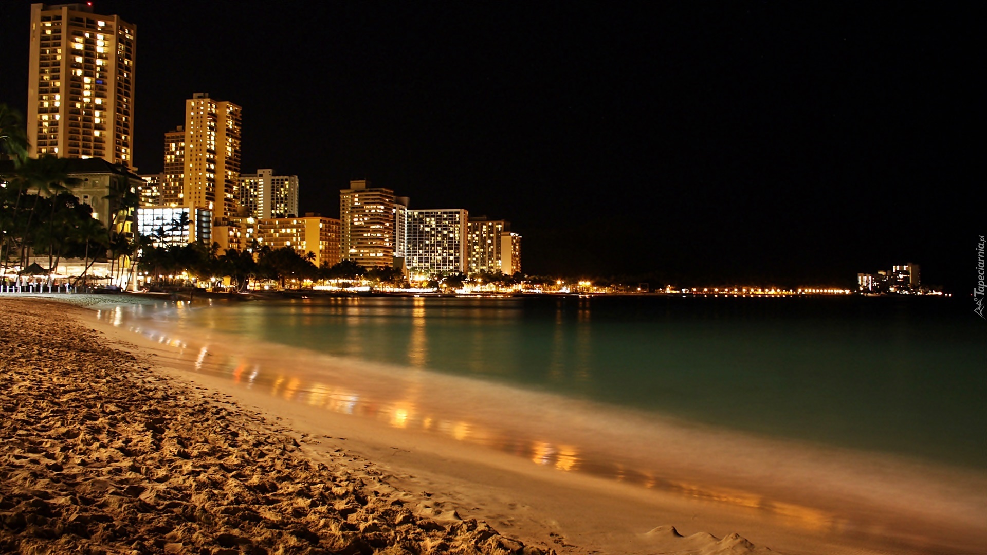 Honolulu, Nocą, Plaża, Waikiki