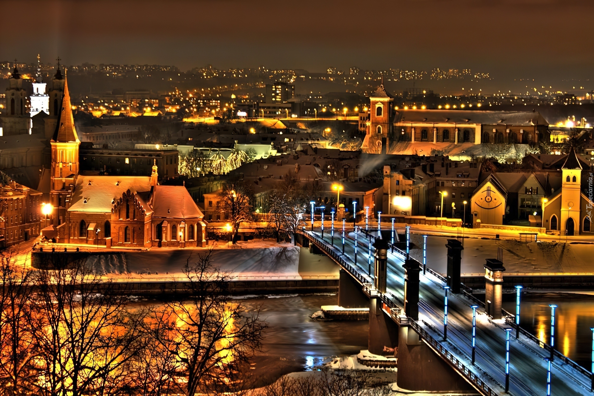 Litwa, Kowno, Miasto, Noc, Most