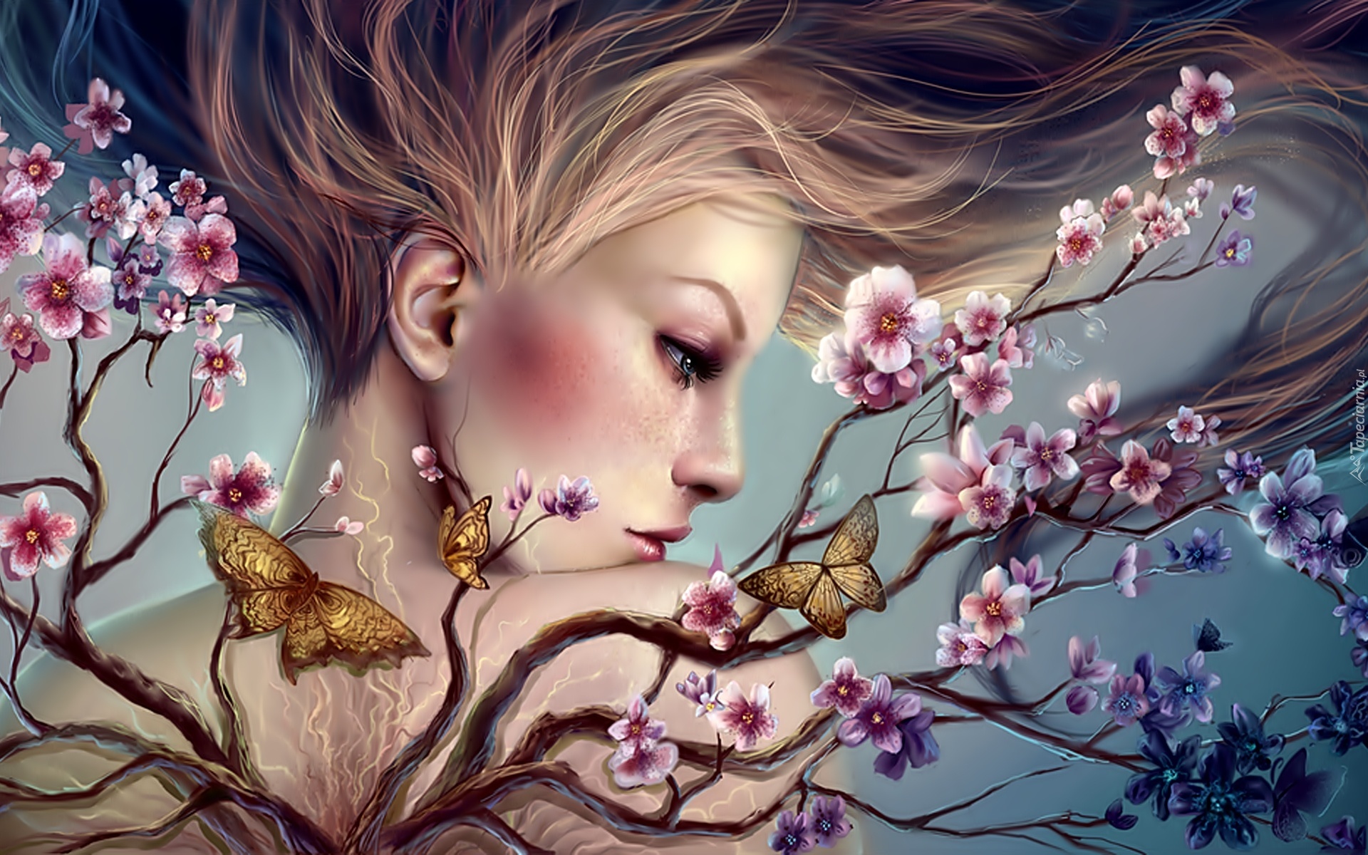 Fantasy, Kobieta, Kwiaty, Motyle