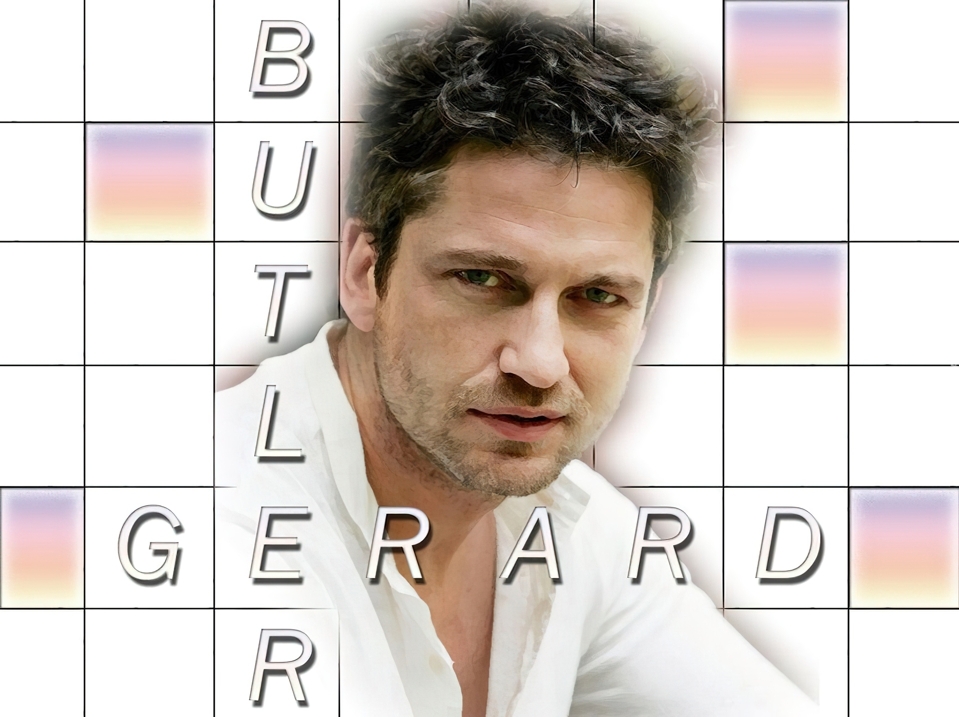 Gerard Butler,białą koszula, blond włosy