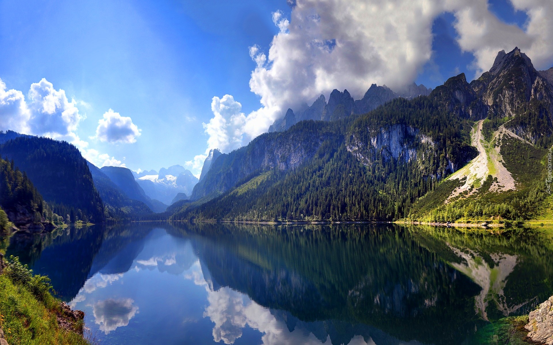 Austria, Jezioro, Góry, Las, Iglasty, Chmury