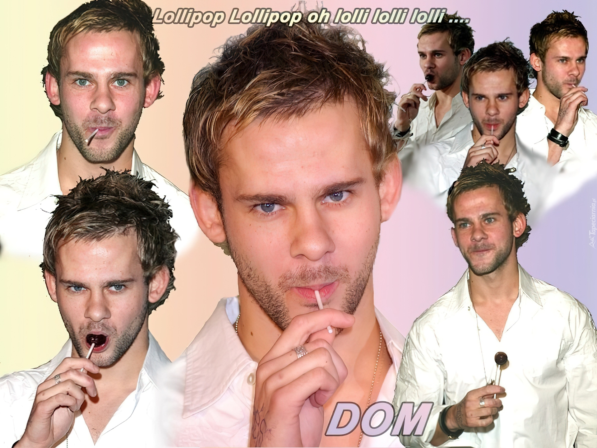 Dominic Monaghan,niebieskie oczy, lizak