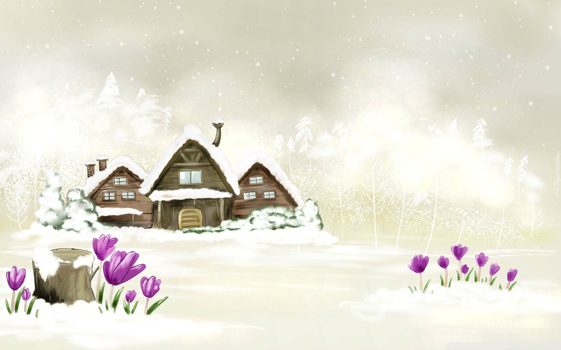 Domy, Śnieg, Kwiaty