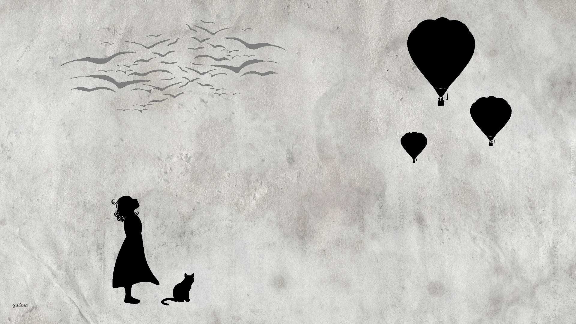 Dziewczynka, Balony, Kot, Ptaki, Grafika