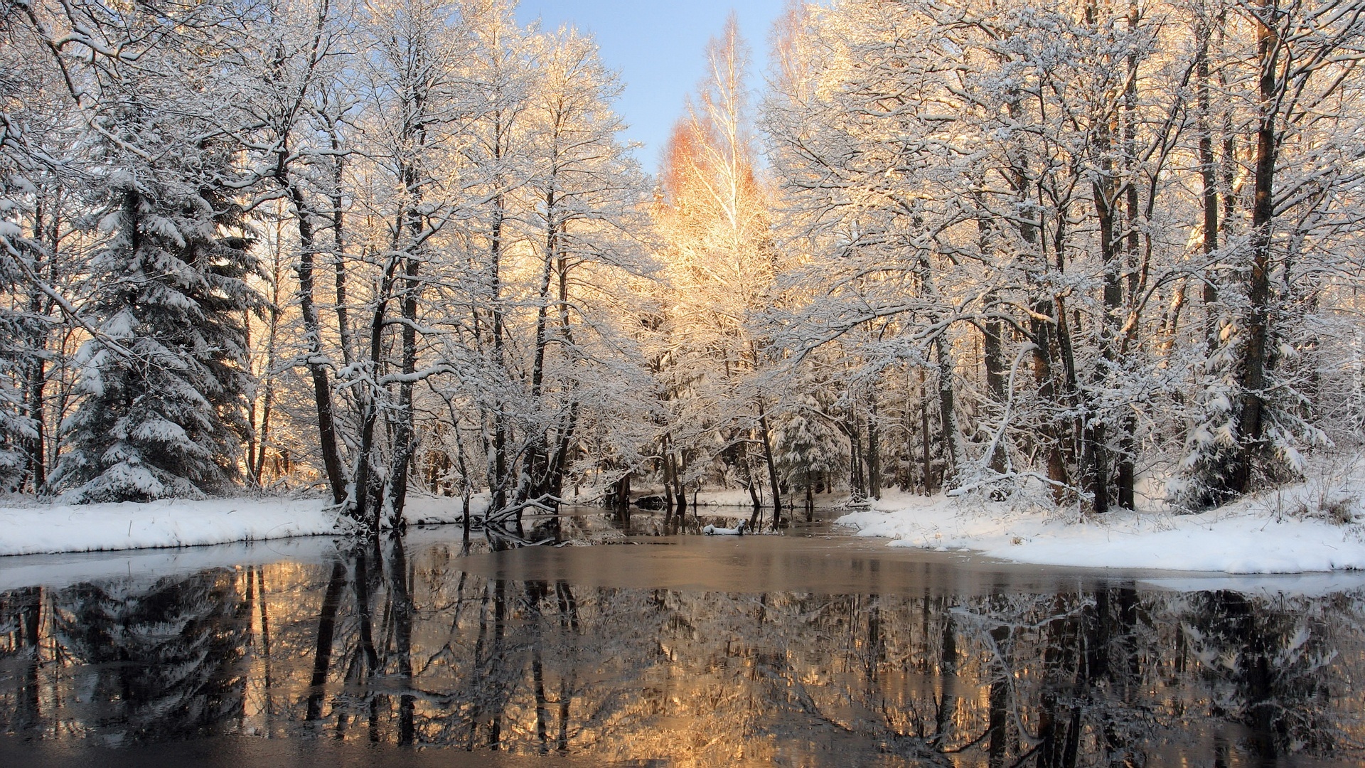 Zima, Krajobraz, Rzeka, Drzewa