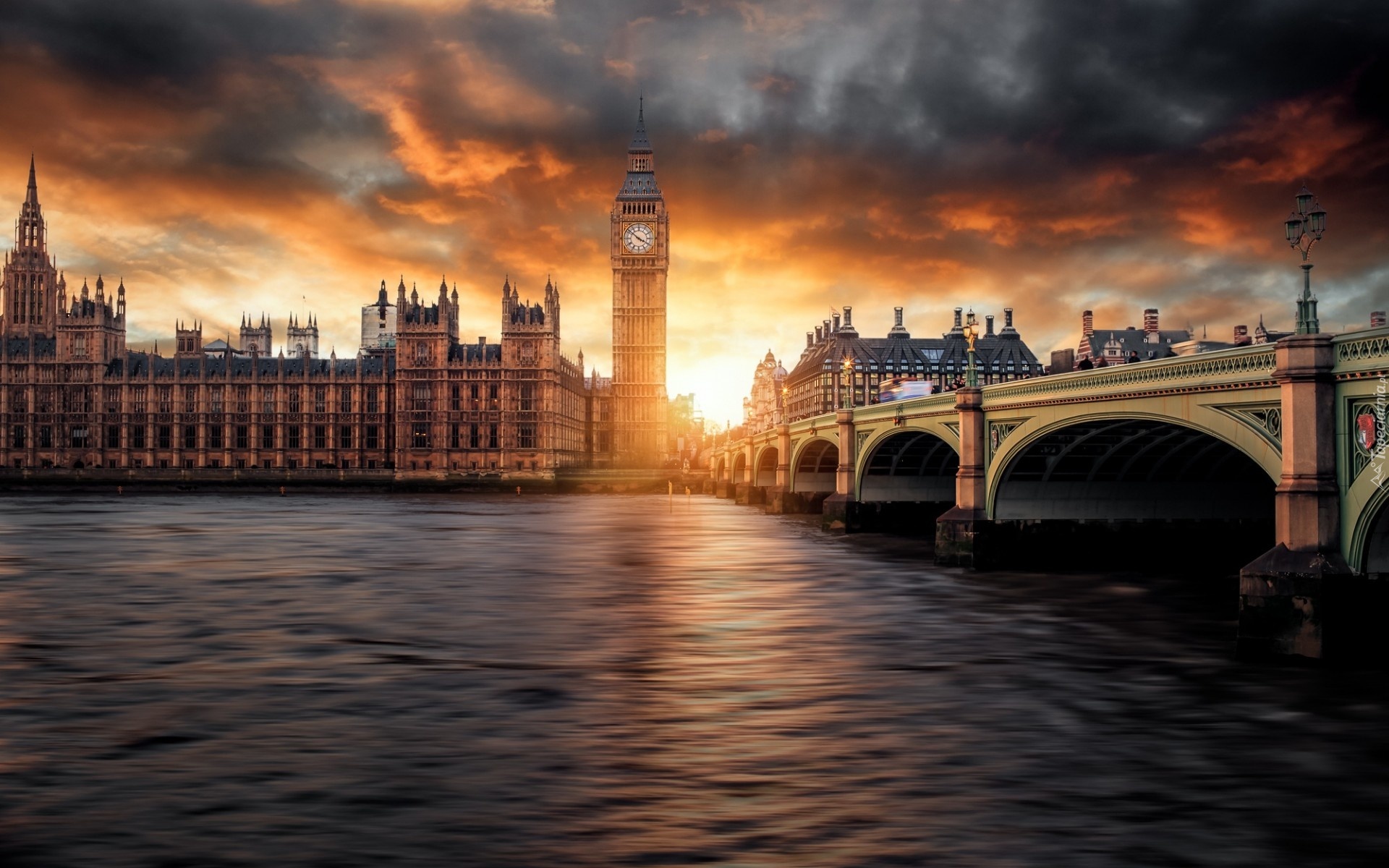 Anglia, Londyn, Rzeka Tamiza, Most Westminsterski, Big Ben, Zachód Słońca