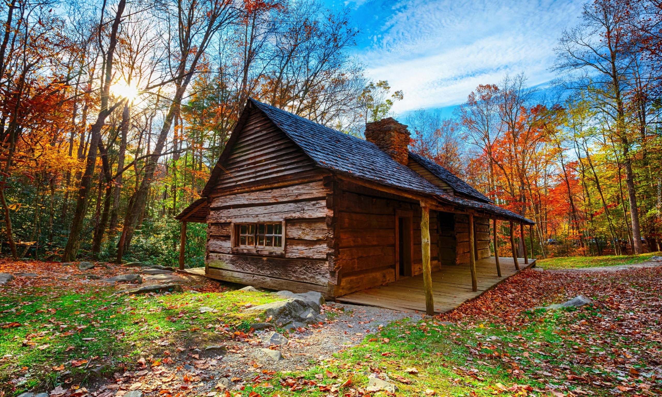 Stany Zjednoczone, Park Narodowy Great Smoky Mountains, Drzewa, Dom, Promienie słońca, Liście, Jesień