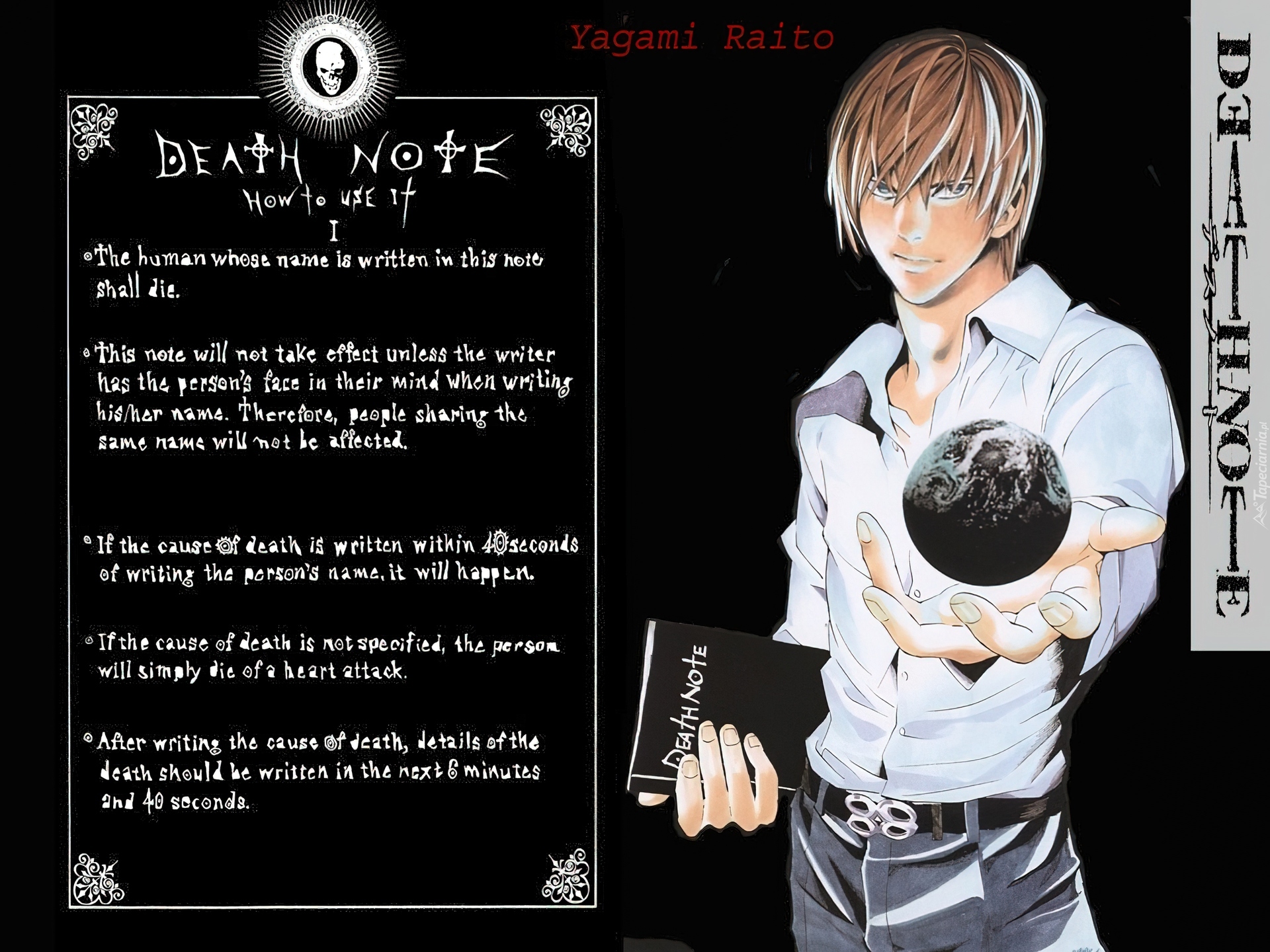 Death Note, chłopak, pasek, kula, książka, czaszka, kartka, napisy