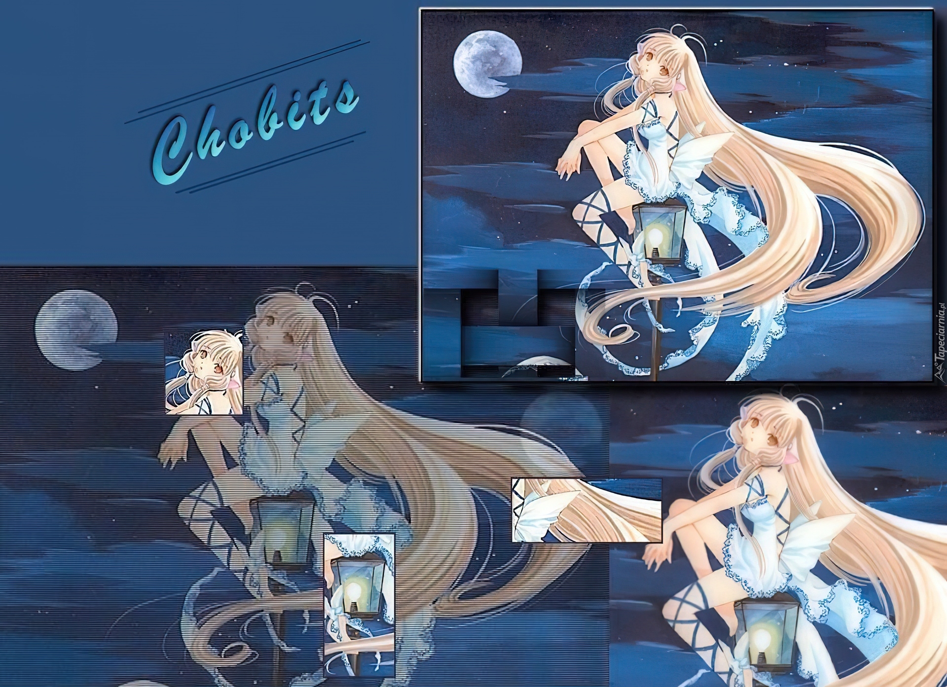 Chobits, księżyc, latarnia, siedzi, nogi