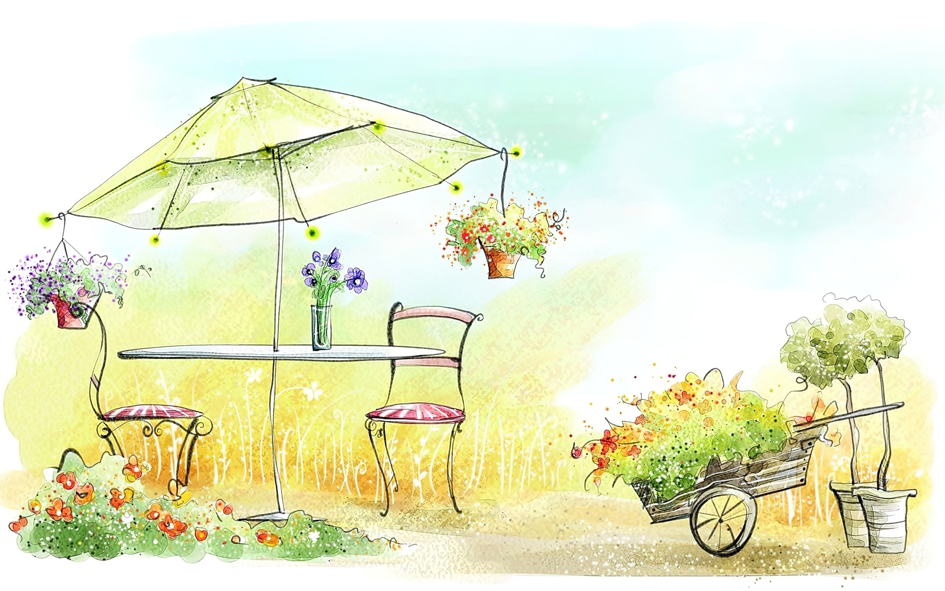 Stolik, Parasol, Kwiaty, Wóz, Rysunek
