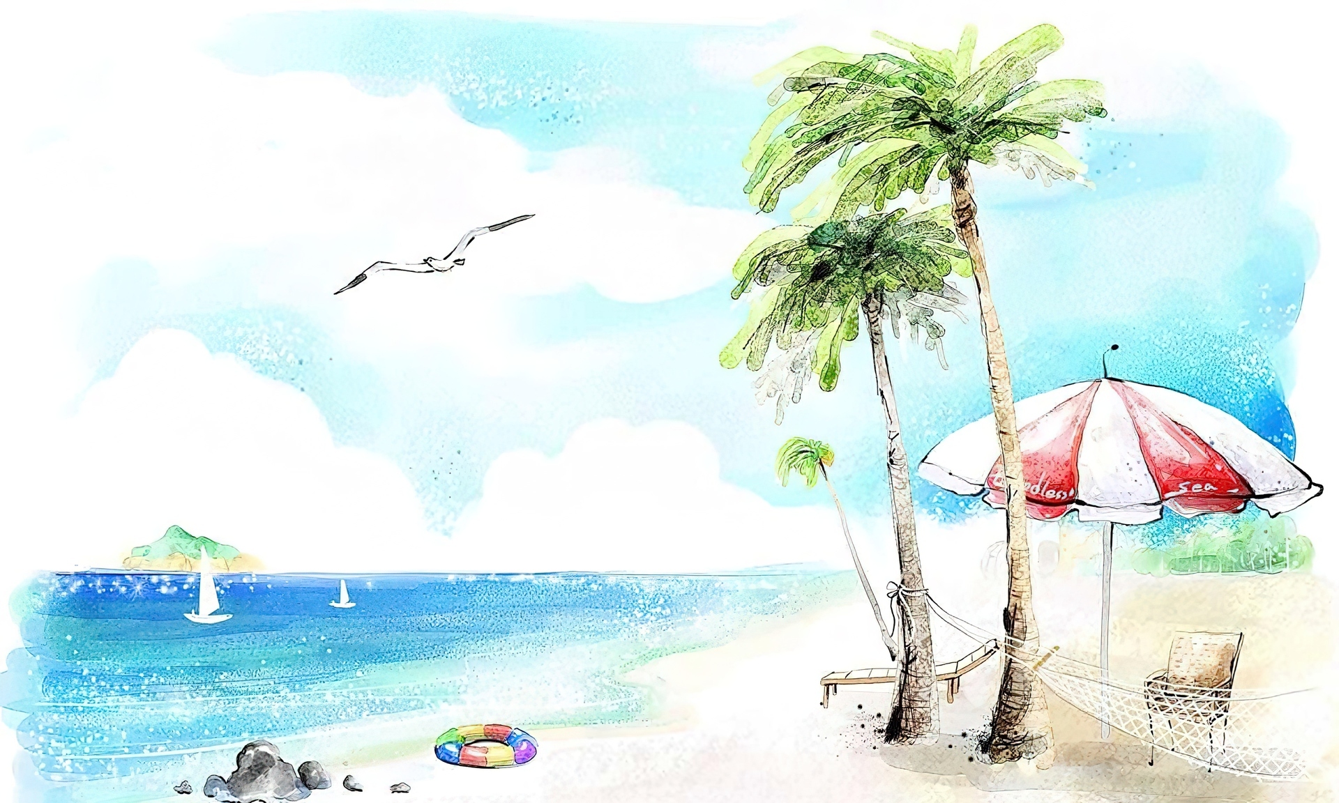 Plaża, Palmy, Parasol, Morze Rysunek