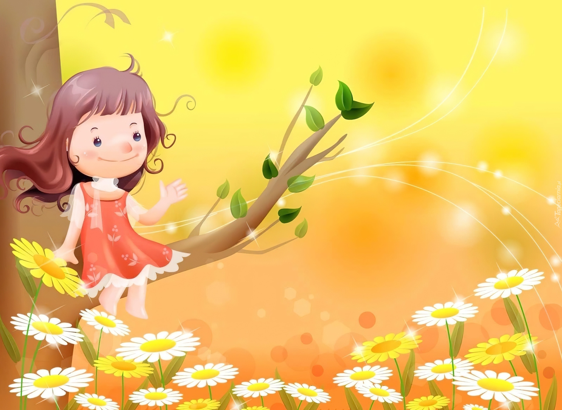 Kwiaty, Stokrotki, Drzewo, Dziewczynka