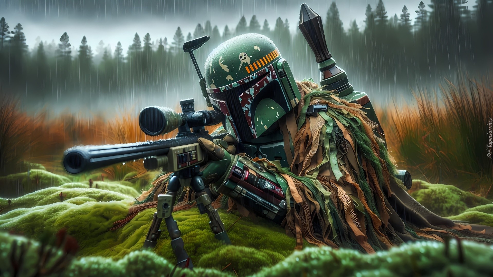 Gra, Star Wars, Bounty Hunter, Zamaskowany, Żołnierz, Boba Fett, Karabin, Trawa, Rośliny