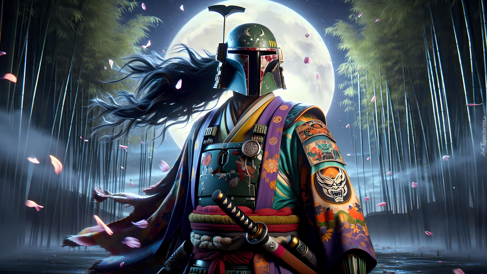 Postać, Boba Fett, Kimono, Księżyc, Drzewa, Gra, Star Wars Fett Legacy, Grafika