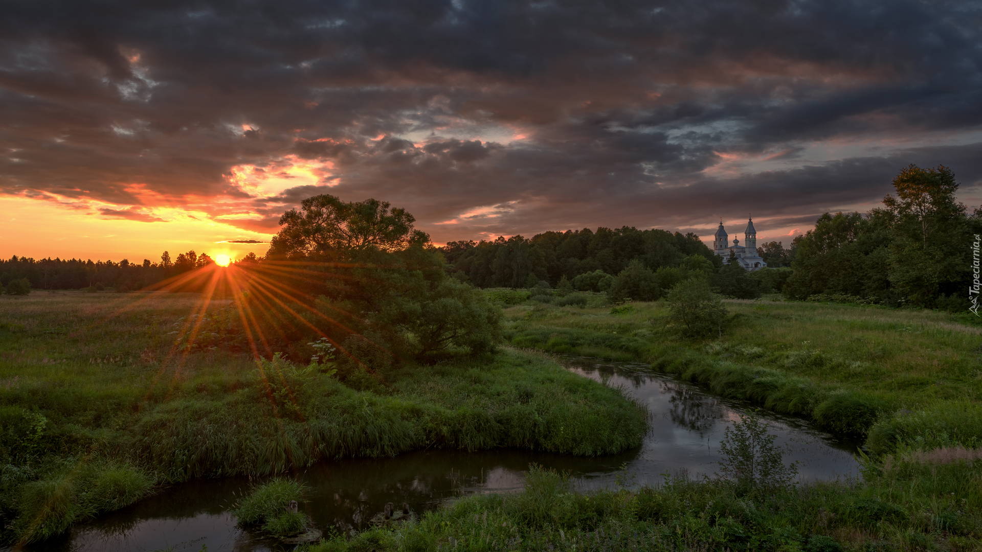 Wschód słońca, Rzeka, Cerkiew, Łąka