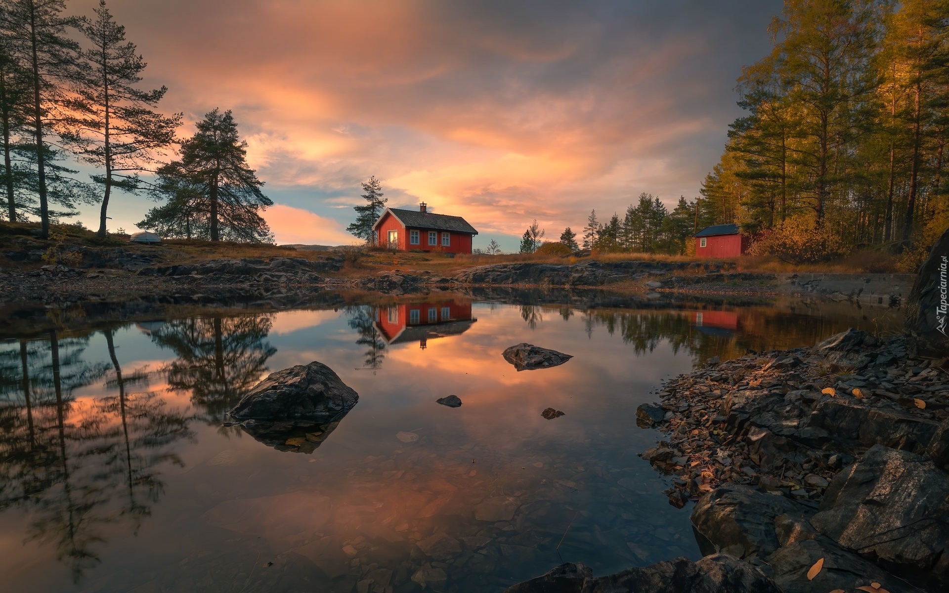 Norwegia, Ringerike, Jezioro Vaeleren, Drzewa, Dom, Odbicie