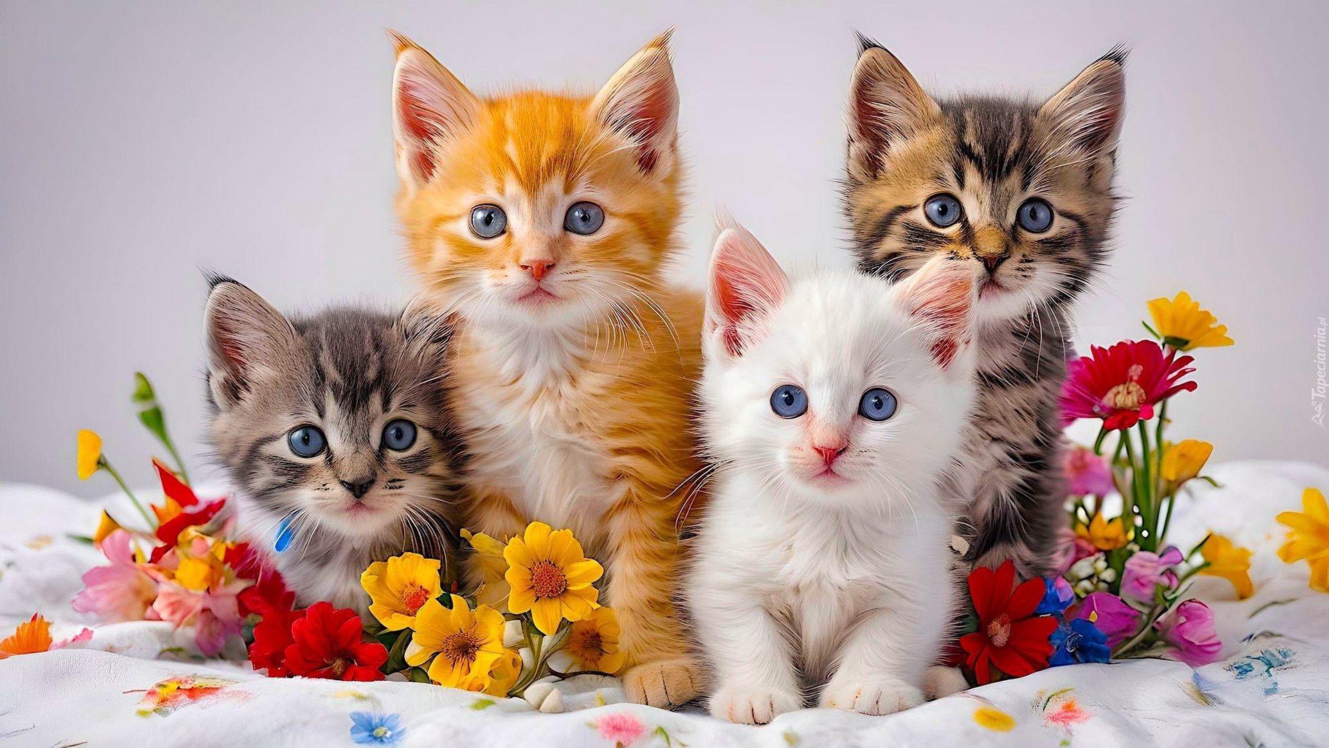 Cztery, Małe, Kotki, Koty, Kolorowe, Kwiaty