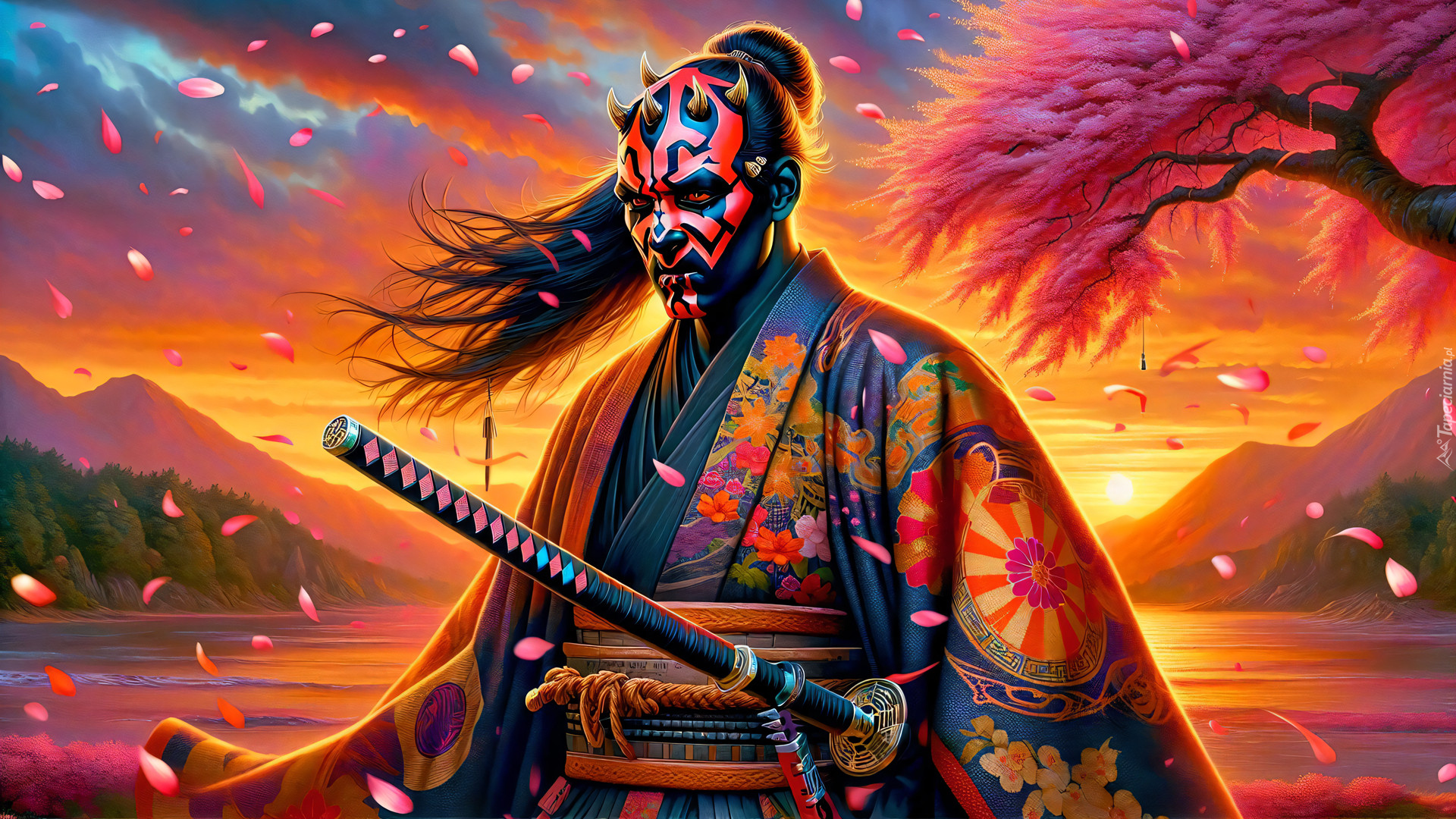 Darth Maul, Samuraj, Kimono, Maska, Zachód słońca, Góry, Drzewo, Grafika