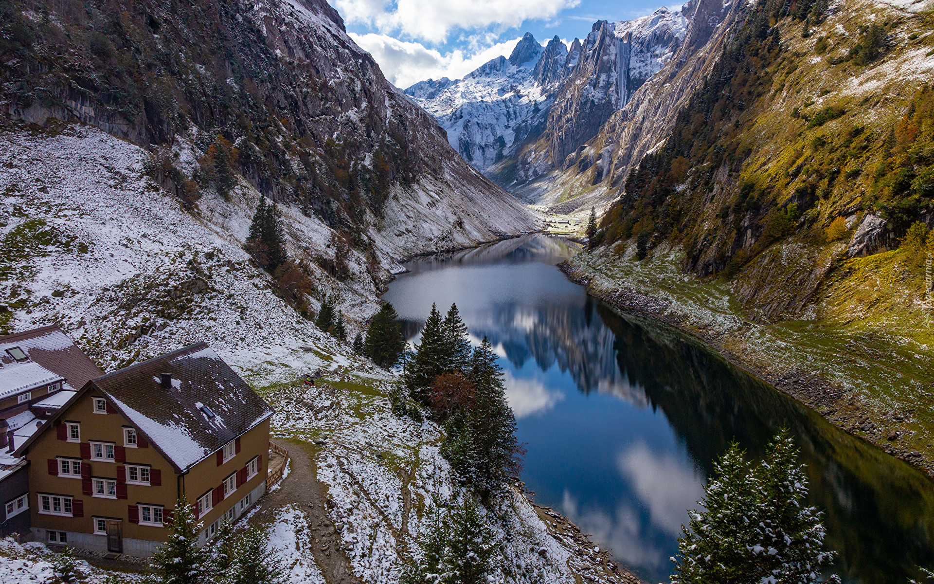 Góry Alpstein, Śnieg, Jezioro, Falensee, Dom, Drzewa, Szwajcaria