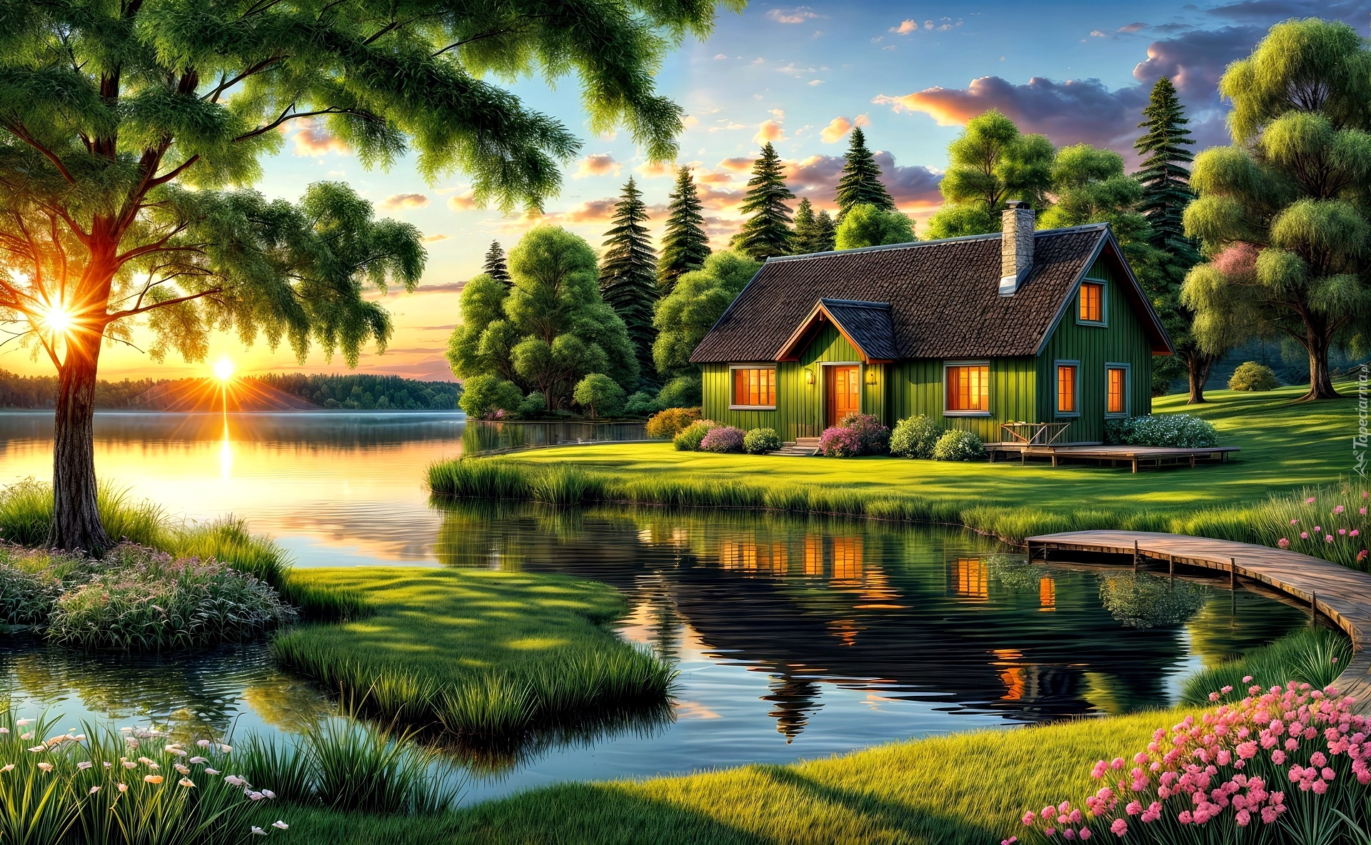 Dom, Drzewa, Jezioro, Zachód słońca, Grafika