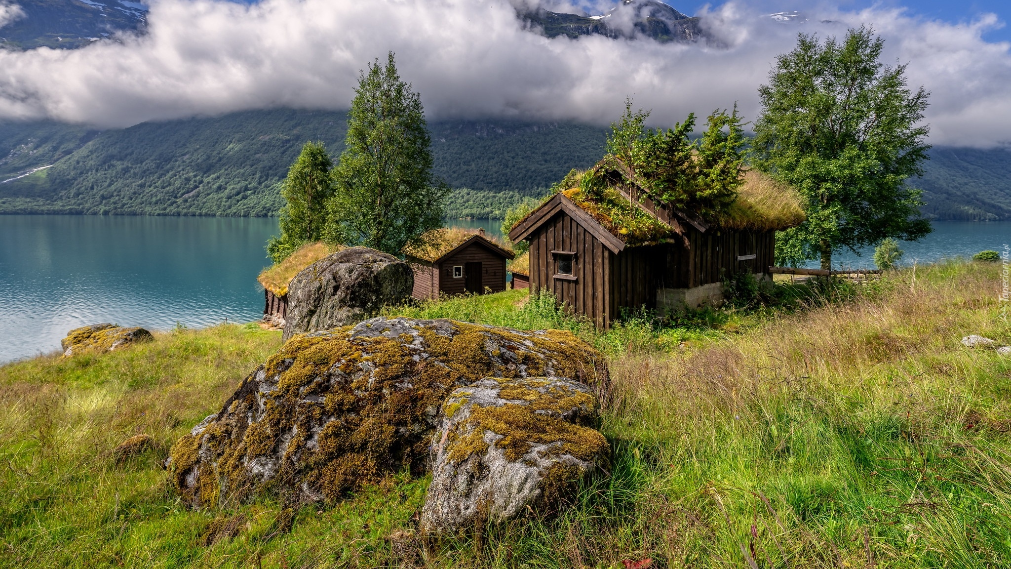 Norwegia, Lodalen, Jezioro, Lovatnet Lake, Chmury, Breng seter, Domy, Drzewa, Głazy