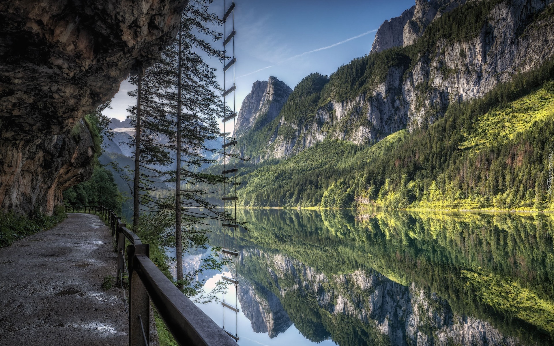 Austria, Góry, Jezioro, Gosausee, Lasy, Droga, Odbicie