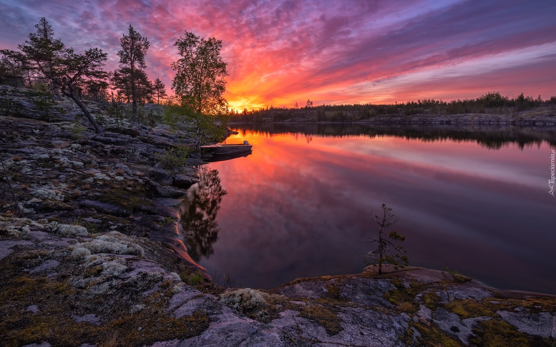 Rosja, Karelia, Jezioro, Ładoga, Skały, Drzewa, Zachód słońca