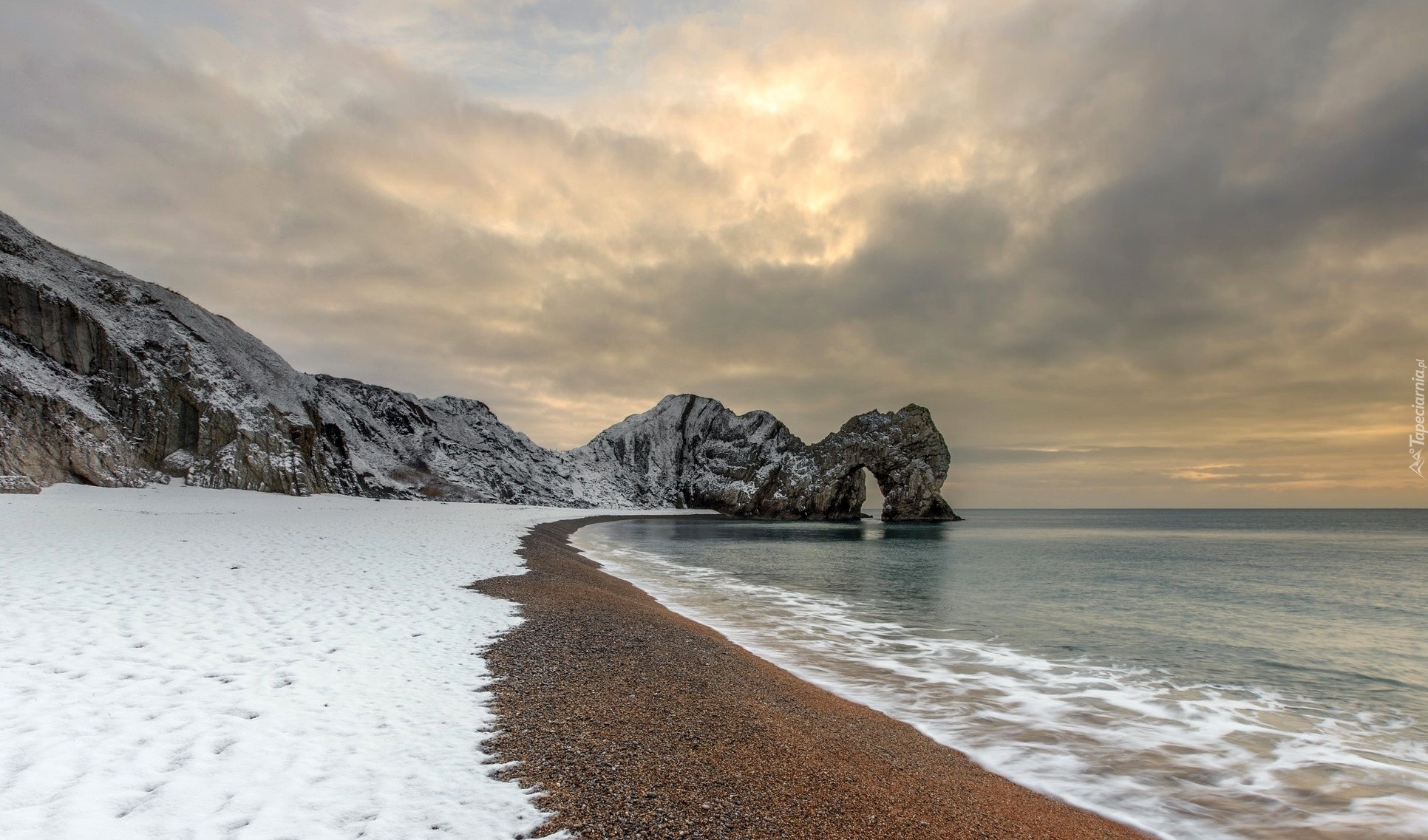 Anglia, Wybrzeże Jurajskie, Morze, Durdle Door, Skały, Zima,   Wybrzeże