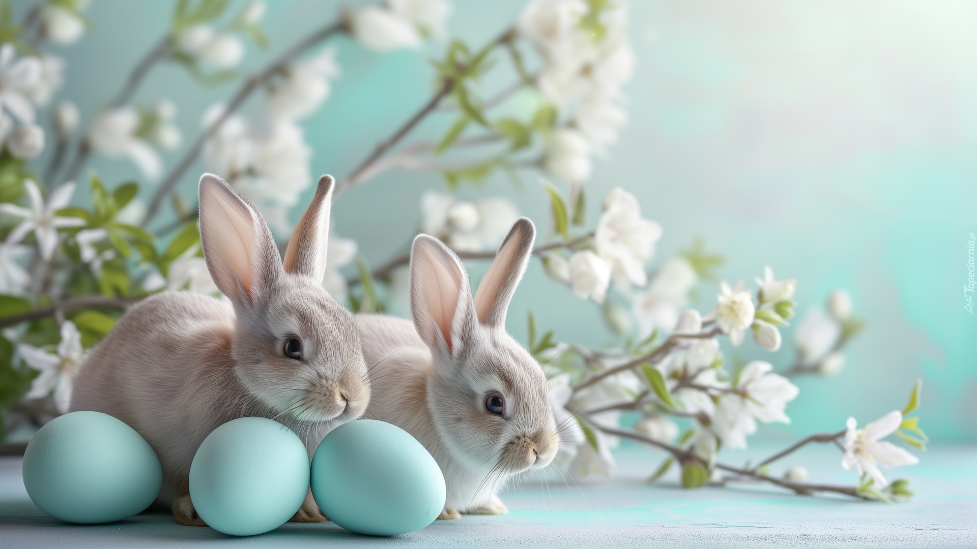 Wielkanoc, Dwa, Króliki, Pisanki, Gałązki, Kwiaty