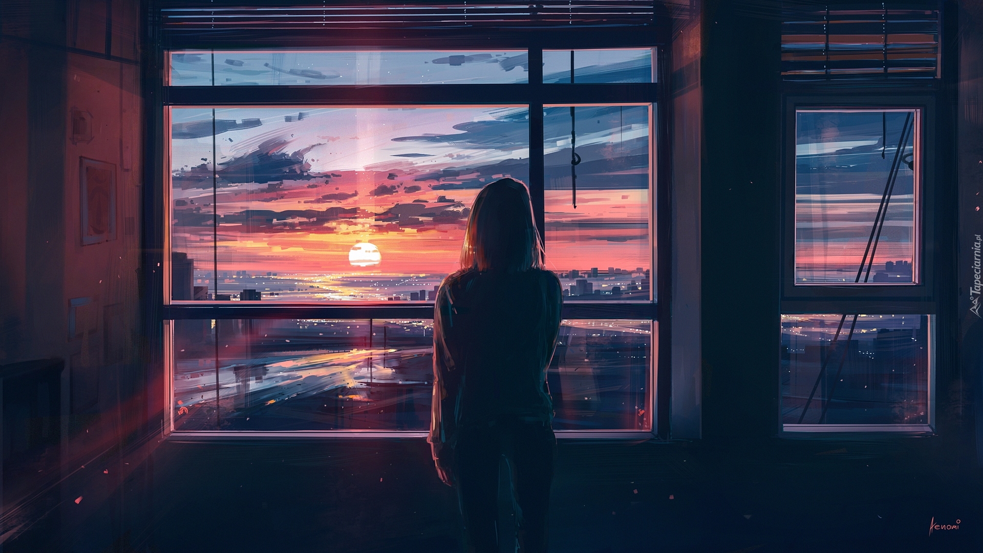 Okno, Zachód słońca, Dziewczyna, Grafika Paintography