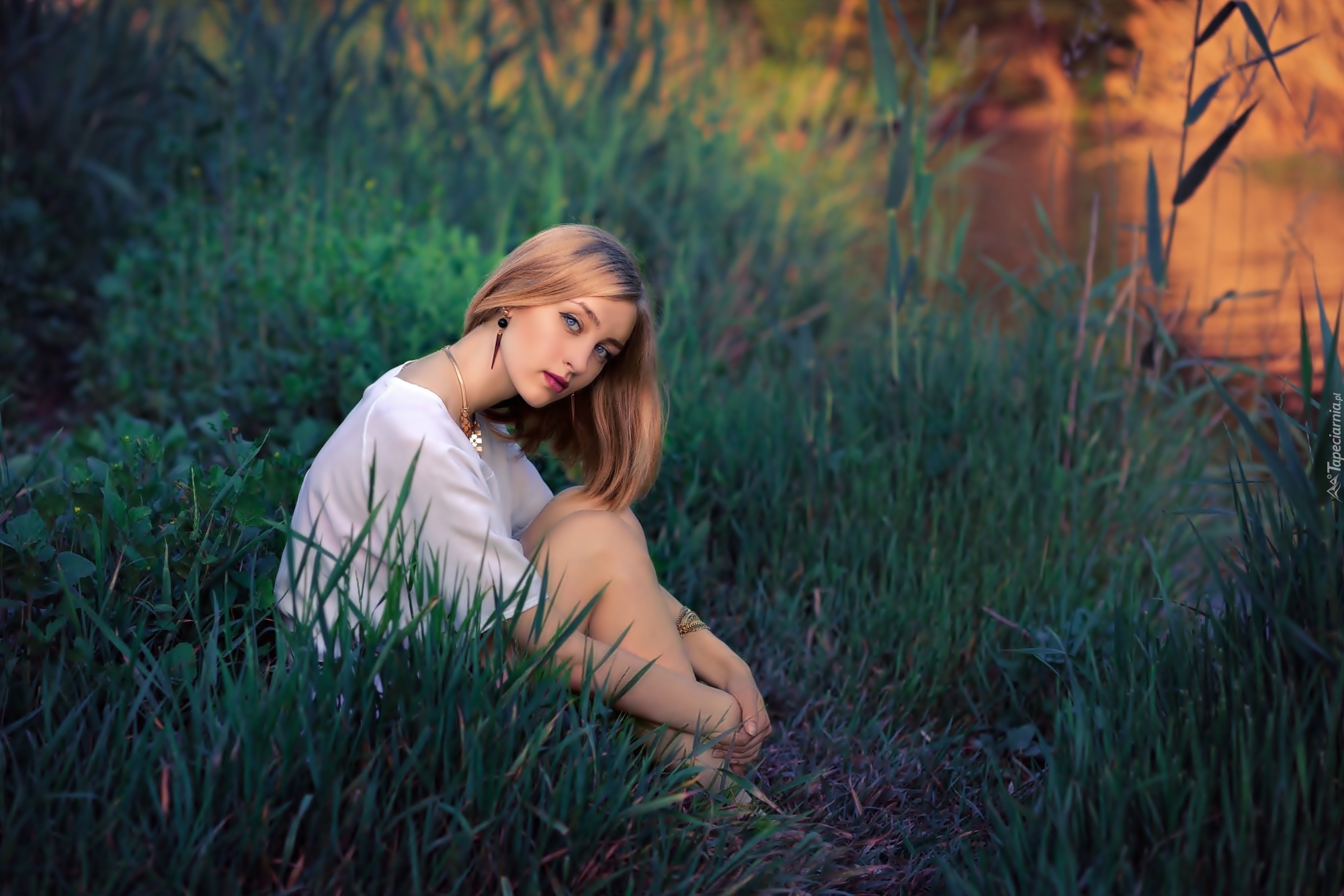 Фото на траве девушки сидя