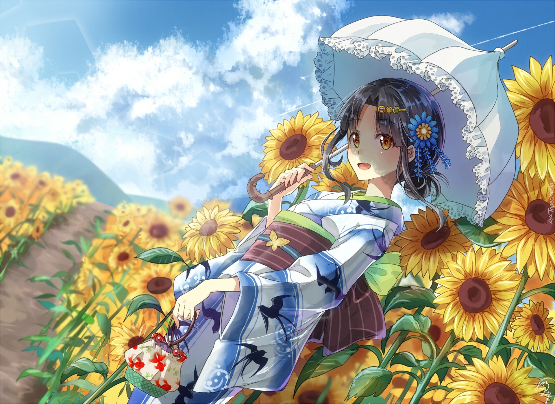 Manga Anime, Lato, Dziewczyna, Kimono, Słoneczniki
