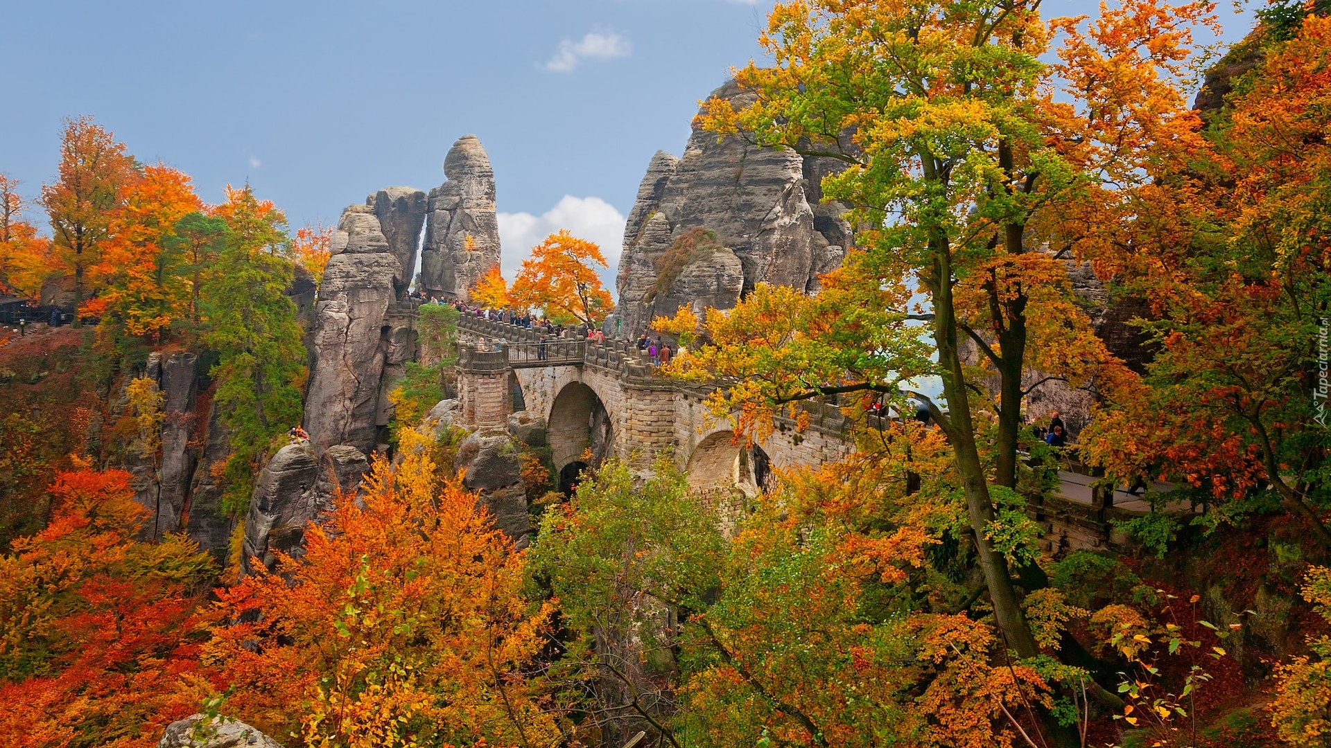 Niemcy, Park Narodowy Saskiej Szwajcarii, Skały, Jesień, Drzewa, Bastei, Most