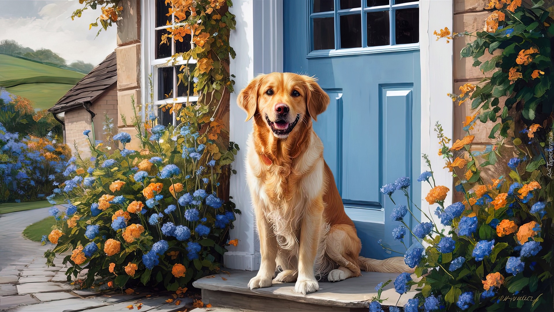 Pies, Golden retriever, Kwiaty, Drzwi, Niebieski, Dom