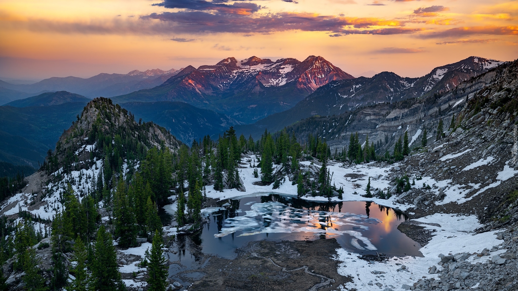 Góry, Jezioro, Silver Glance Lake, Śnieg, Drzewa, Utah, Stany Zjednoczone