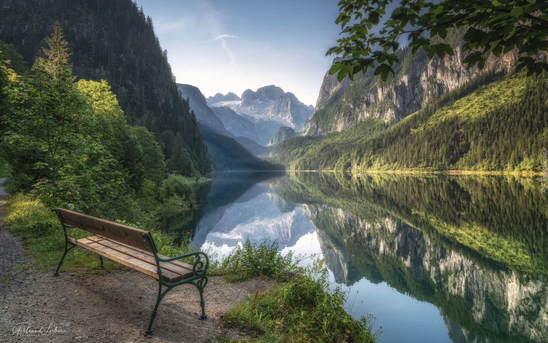 Austria, Góry, Jezioro, Gosausee, Ławka, Drzewa