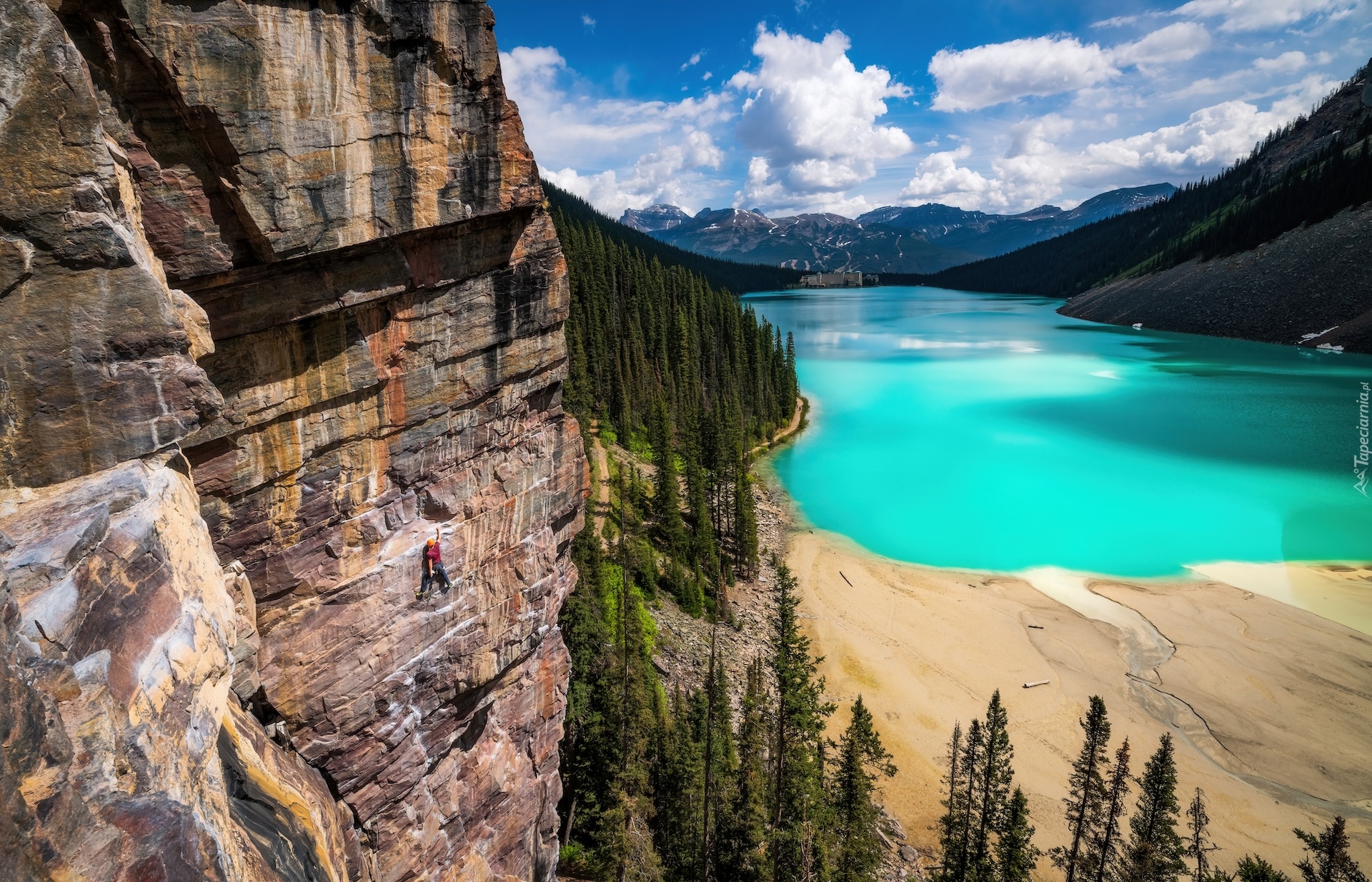 Kanada, Alberta, Góry Skaliste, Jezioro, Louise Lake, Drzewa, Skały, Człowiek, Park Narodowy Banff